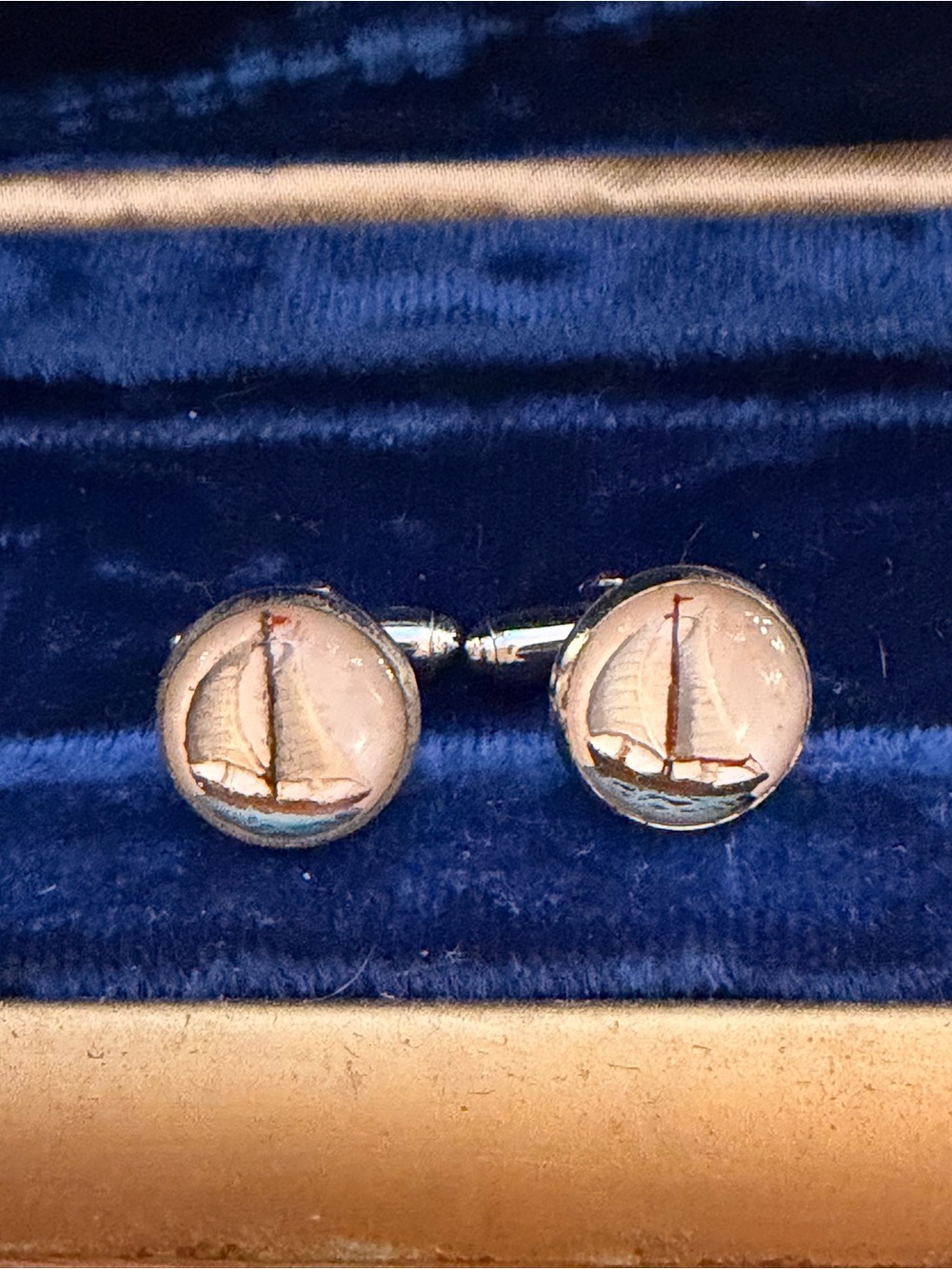 1950s Nautical Sailboat Reverse Painted Intaglio Glass Cufflinks Silver Tone
